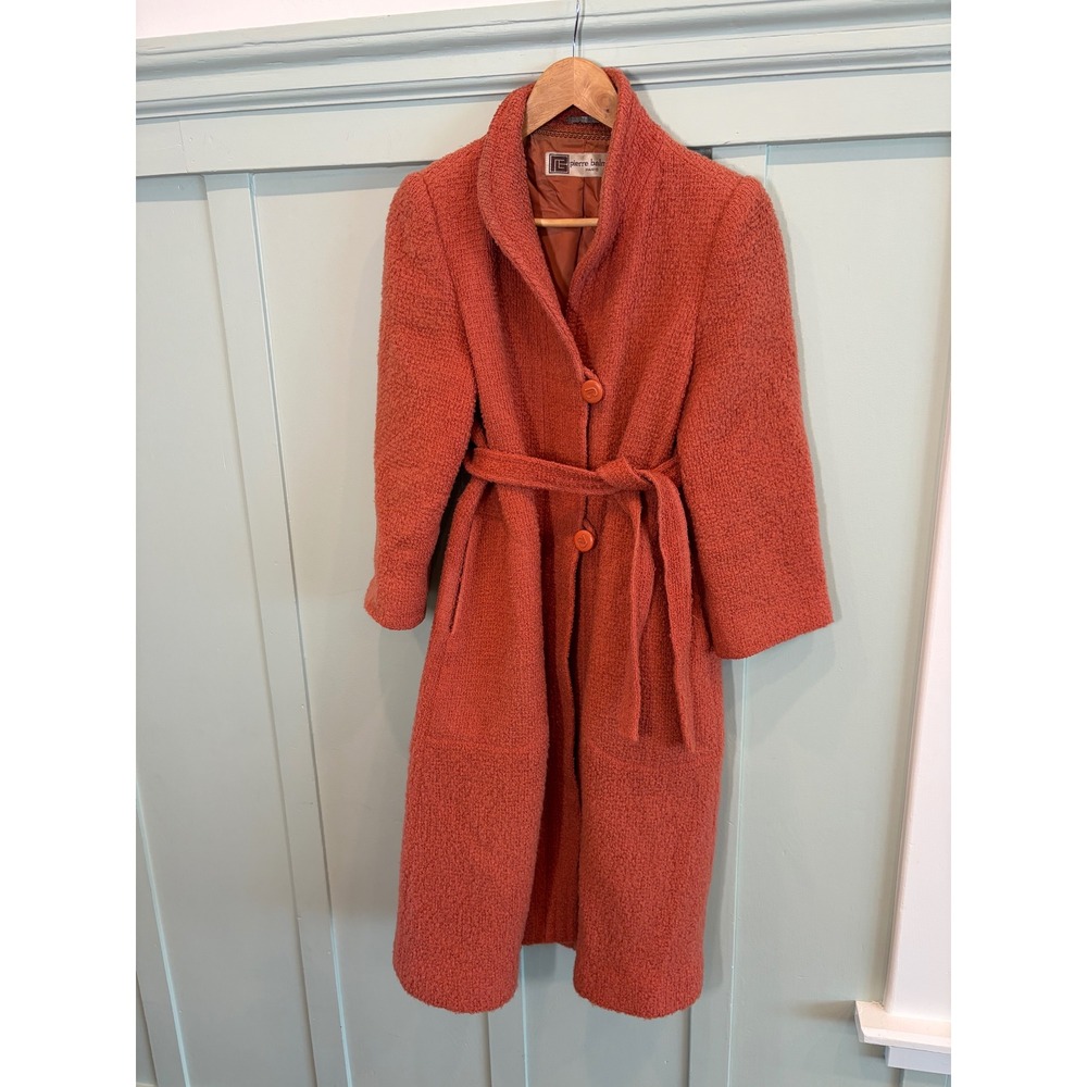 Vintage 1960s Pierre Balmain Paris Wool Bouclé Coat Rust Orange Belted M/L
